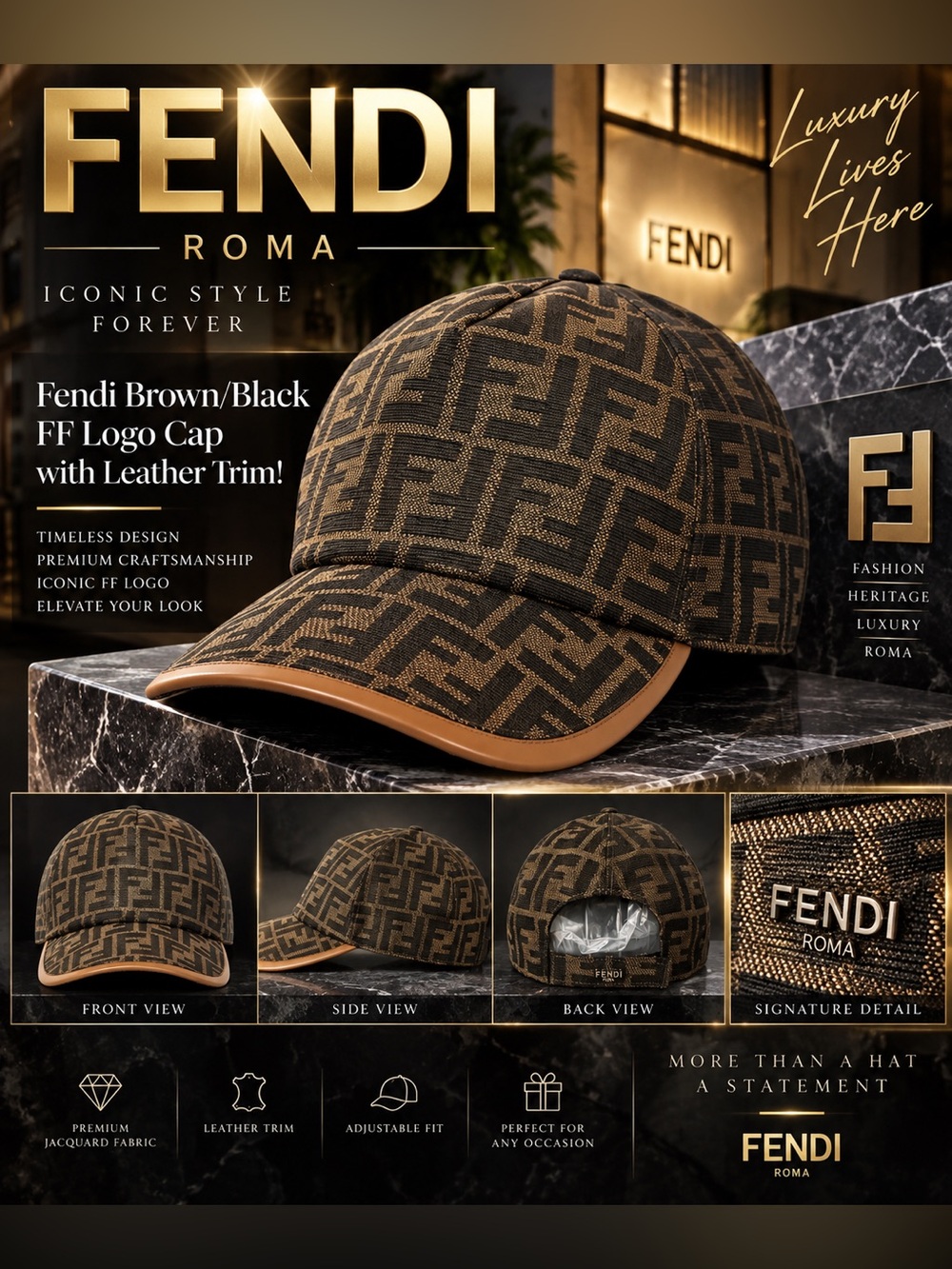 Fendi Brown/Black FF Logo Cap with Leather Trim!🔥